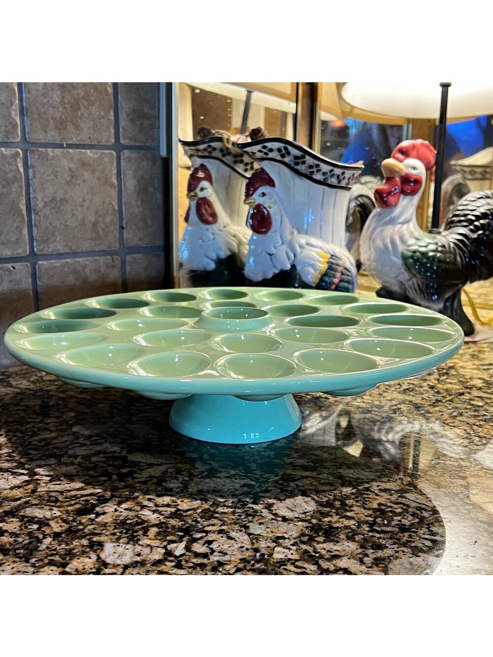 TAG 24 Deviled Egg Tray Pedestal Stand Mint Ceramic Round 13" Platter